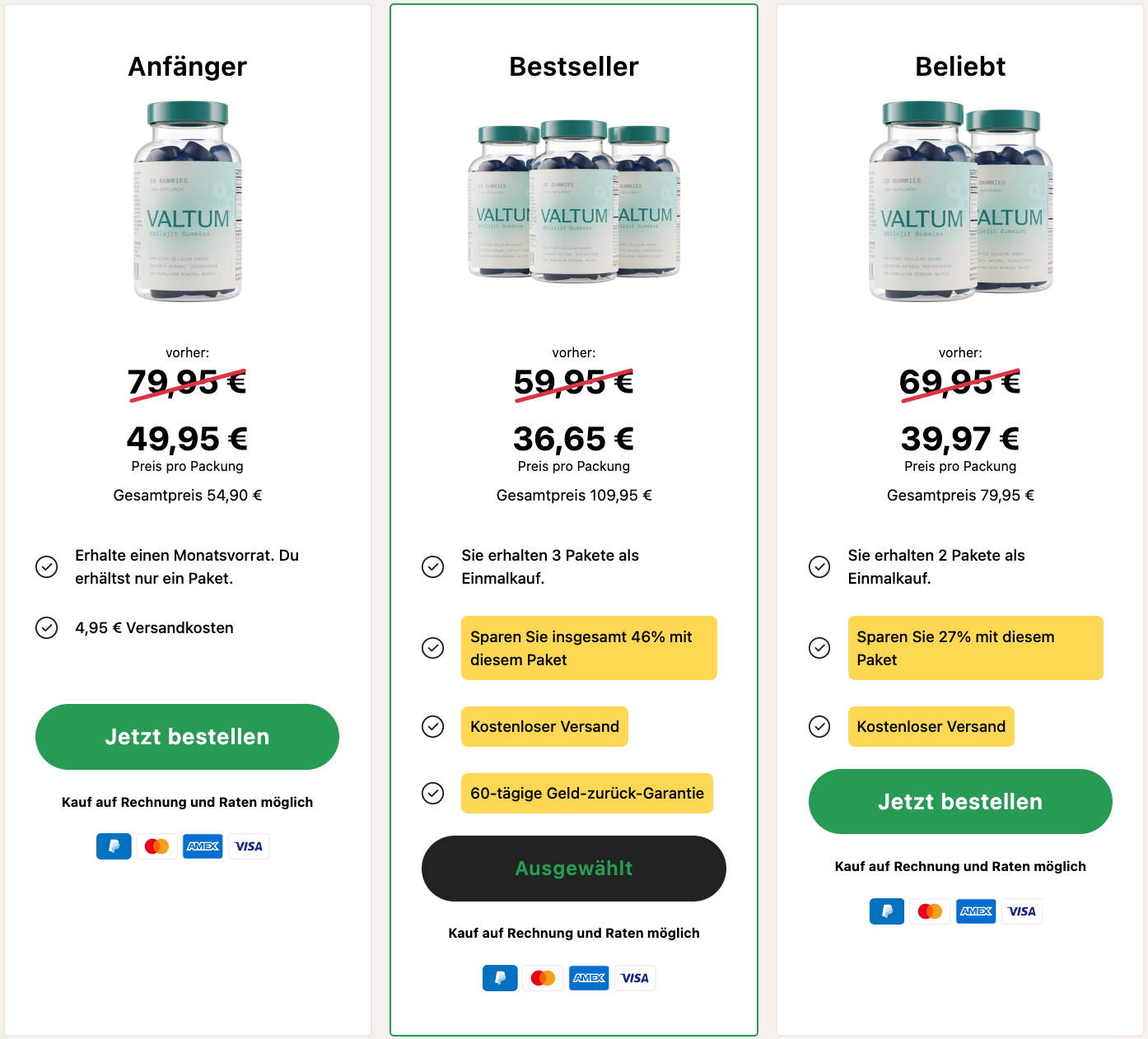 Supplied Valtum promotional graphic showing one-, two-, and three-bottle package options in German