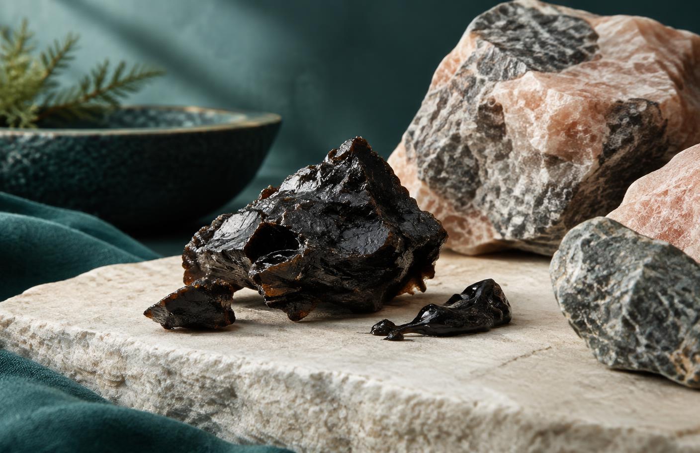 Close-up editorial photograph of dark shilajit resin with mineral rocks